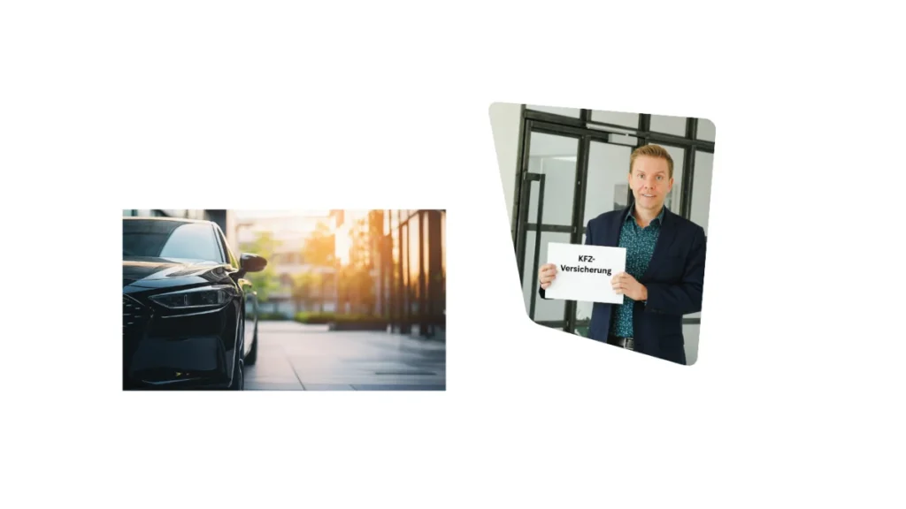 Kfz-Versicherung: Auto im Abendlicht und Matthias Reindl mit Schild „Kfz-Versicherung“