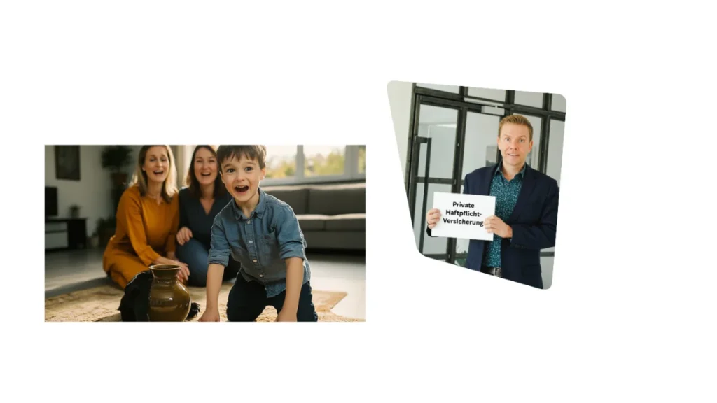 Private Haftpflichtversicherung: Familie mit Kind nach einem kleinen Missgeschick und Matthias Reindl mit Schild „Private Haftpflichtversicherung“