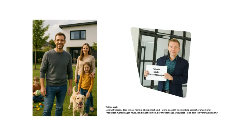 Private Sachversicherungen: Familie mit Hund vor ihrem Haus und Matthias Reindl mit Schild „Private Sachversicherungen“
