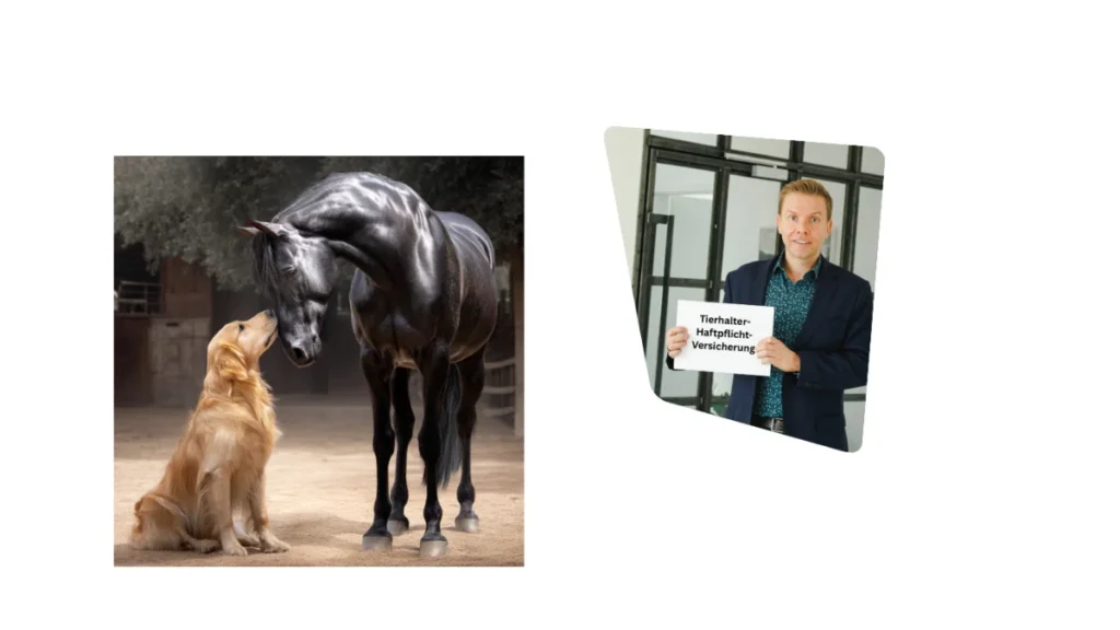 Tierhalterhaftpflichtversicherung: Hund und Pferd und Matthias Reindl mit Schild „Tierhalterhaftpflichtversicherung“