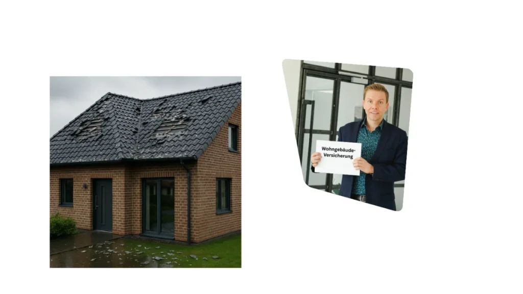 Wohngebäudeversicherung: Haus mit Sturmschaden am Dach und Matthias Reindl mit Schild „Wohngebäudeversicherung“